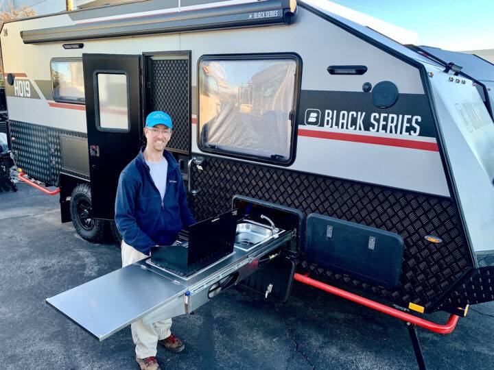 Photo of a Black Series travel trailer (HQ17) being tested in the backcountry