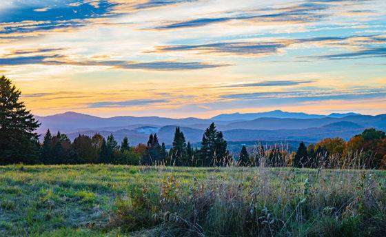 Image: evening view of the Green Mountains In Vermont at sunset