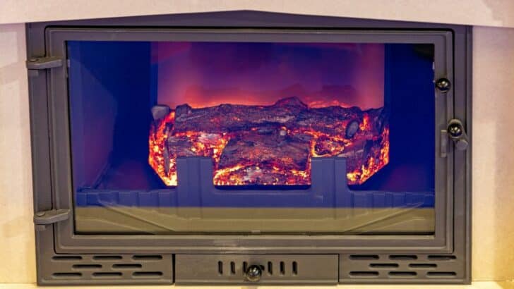 A fireplace insert with fake logs and flames