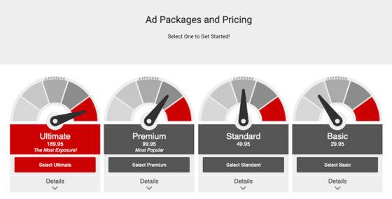 Image of the ad packages: Ultimate, Premium, Standard and Basic.