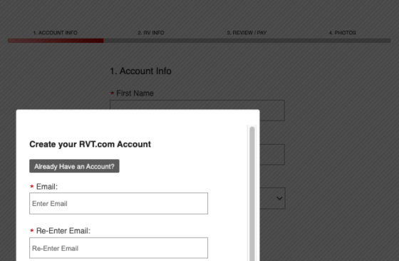 Image of RVT account creation form