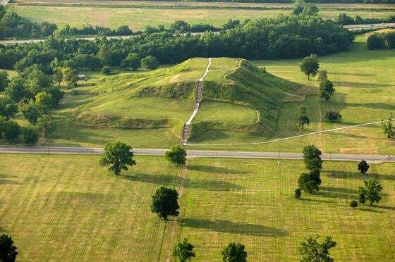 Photo of aerial view of Cahokia Mounds Native American burial grounds near Collinsville, Illinois, USA